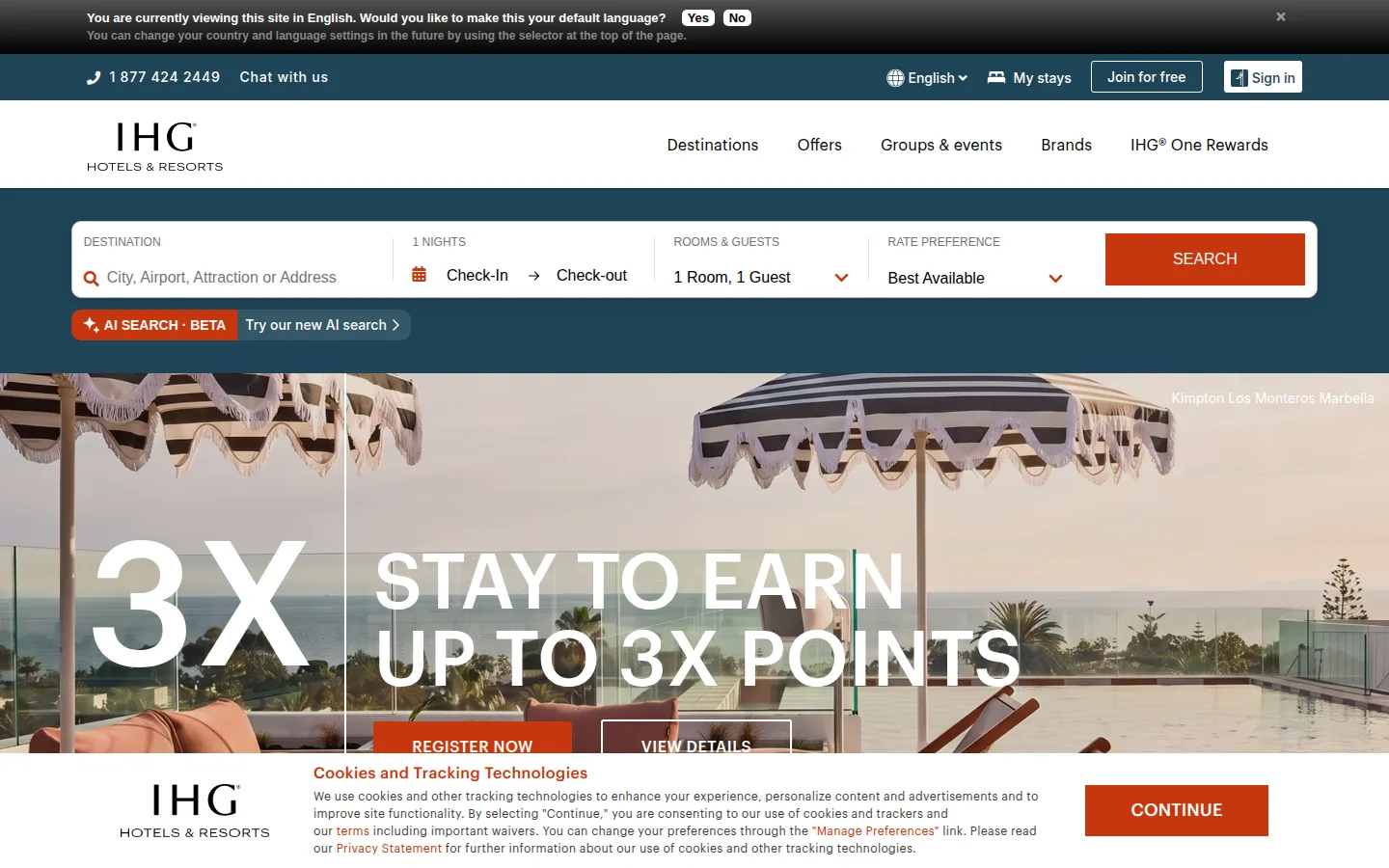 The IHG reservation page on desktop: a search bar for destination, dates, rooms and guests and rate preference above a “Stay to earn up to 3X points” offer, with a language prompt and a cookie banner on first view.