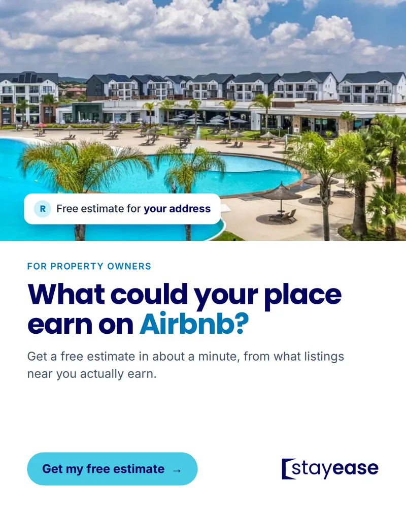 A Stayease ad: “What could your place earn on Airbnb?” over a resort pool, with a free-estimate button.