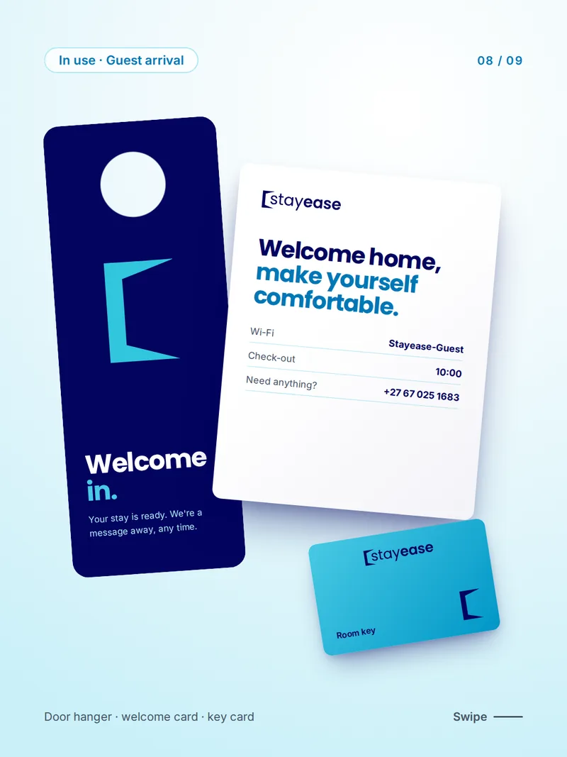 A navy door hanger reading “Welcome in.” beside a welcome card and a cyan key card.