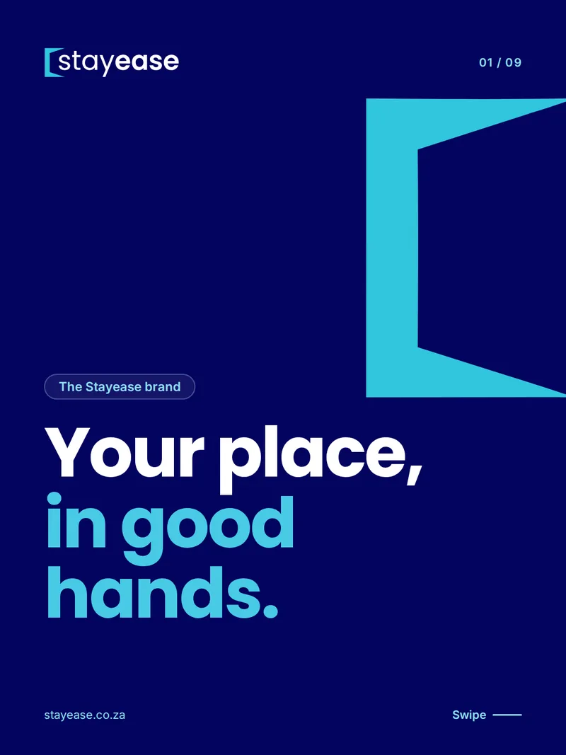 The Stayease brand cover: a cyan open-door shape on navy above “Your place, in good hands.”