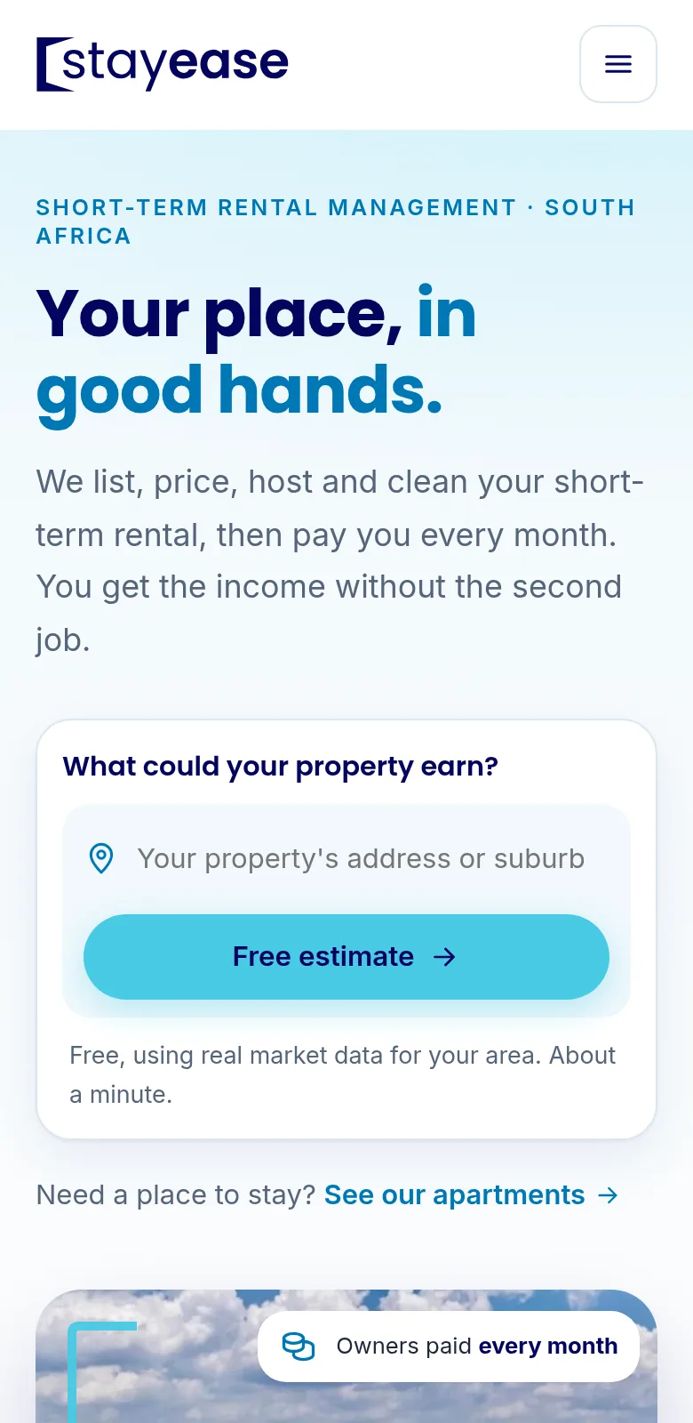 The Stayease home page on a phone with a free-estimate search box.