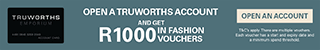 Truworths phone banner, 320 by 50: the account card, the R1000 voucher offer and an “Open an account” button.