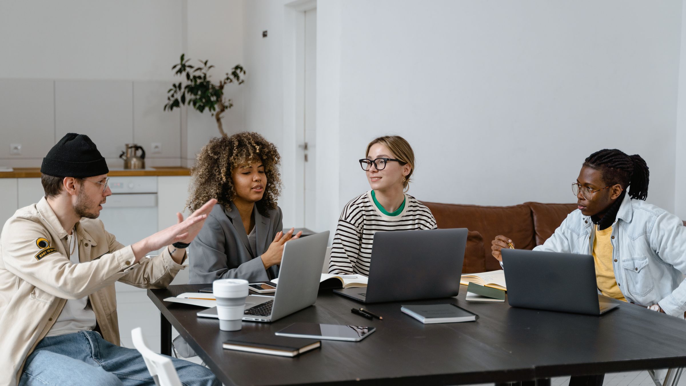 Team discussing a project in a bright office